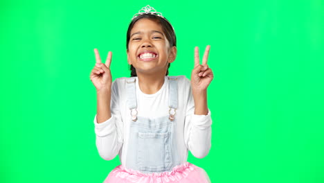 Little-girl,-princess-and-smile-with-peace-sign