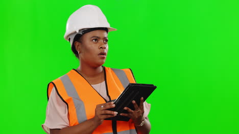 Black-woman,-architect-and-thinking-with-tablet
