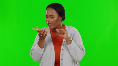 Voice-note,-phone-and-woman-on-green-screen-angry