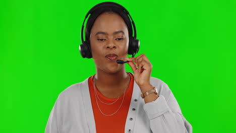 Black-woman,-callcenter-and-headset-on-green
