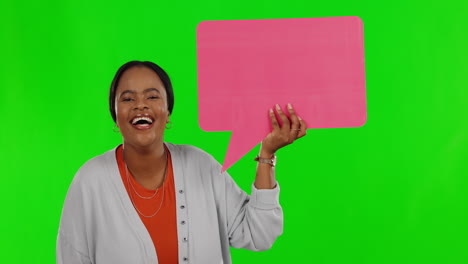 Happy-black-woman,-speech-bubble-and-green-screen