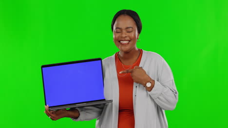 Face,-green-screen-and-black-woman-pointing-to