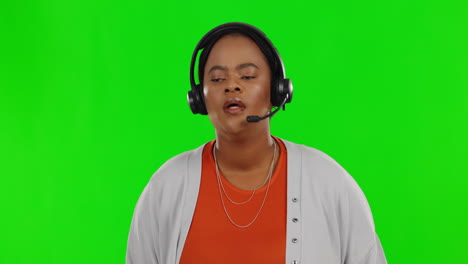 Black-woman,-callcenter-and-angry-on-green-screen