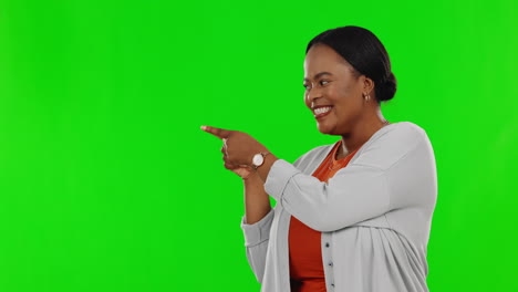 Green-screen,-mockup-and-happy-woman-pointing