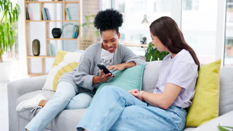 Friends,-phone-and-women-talking-on-sofa-in-living