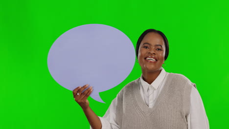Woman,-laughing-and-speech-bubble-on-green-screen