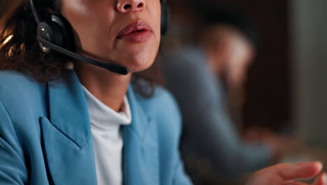 Woman,-call-center-and-talking-in-night-at-office