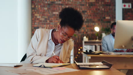 Business,-black-woman-and-writing-notes