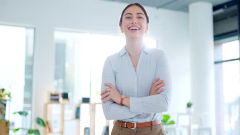 Business-woman,-face-and-laughing-with-arms