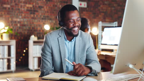 Black-man,-call-center-and-talking-with-CRM