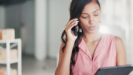 Angry-woman,-phone-call-and-business-startup