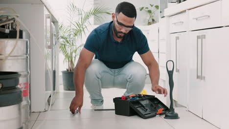 Plumber-man,-tools-and-box-on-floor-maintenance