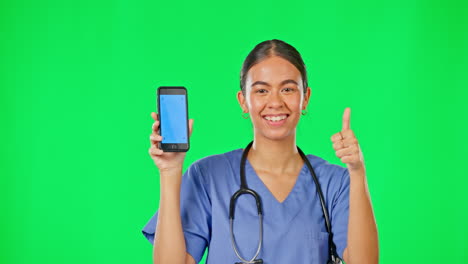 Green-screen,-phone-and-doctor-with-thumbs-up