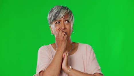 Green-screen,-bite-nails-and-senior-woman