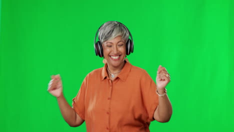 Dancing,-green-screen-and-happy-woman-listening-to