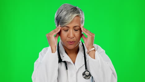 Stress,-Arzt-Und-Kopfschmerzen-Mit-Frau-Auf-Grün
