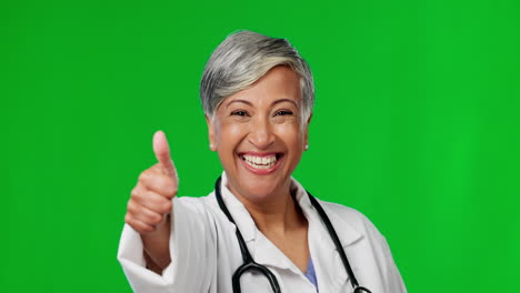 Green-screen,-doctor-and-face-of-woman-with-thumbs
