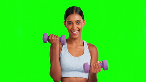 Green-screen,-face-or-happy-woman-with-dumbbells