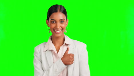 Happy-woman,-face-or-thumbs-up-on-green-screen