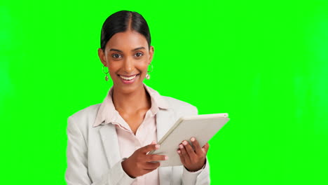 Happy-woman,-face-or-tablet-on-isolated-green