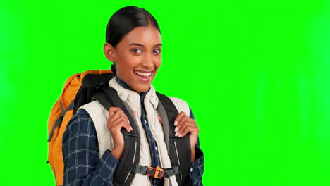 Backpack,-green-screen-and-woman-face-with-smile