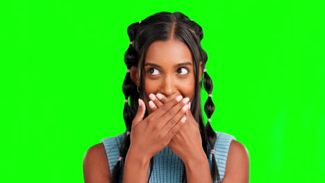 Woman,-hands-cover-mouth-and-green-screen-studio