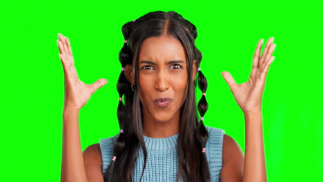 Woman,-mind-blown-and-face-in-green-screen-studio