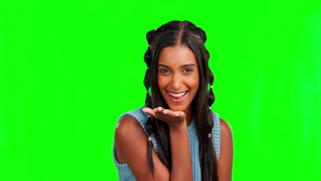 Wink,-woman-face-and-blowing-kiss-on-green-screen