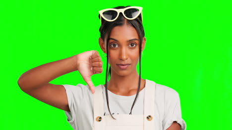 Woman,-thumbs-down-and-face-by-green-screen