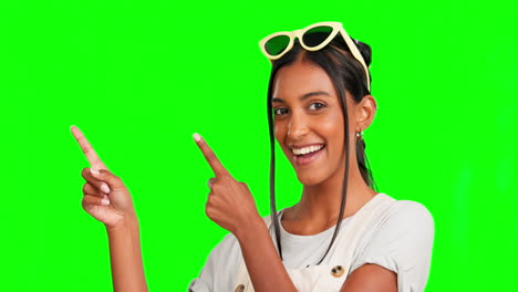 Green-screen-face,-studio-and-happy-woman-point