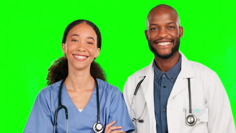 Glücklich,-Teamarbeit-Und-Krankenschwester-Mit-Arzt-In-Grün