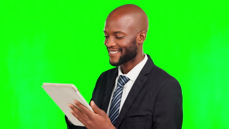 Black-man,-tablet-and-smile-in-business-on-green