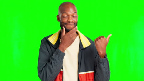 Green-screen-face,-studio-and-happy-man-point