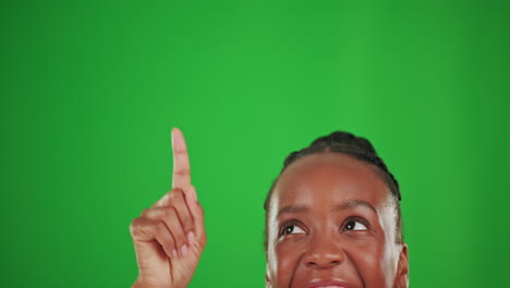 Smile,-woman-face-and-pointing-on-green-screen