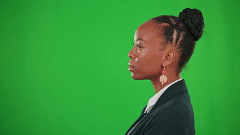 Face-nodding,-business-and-black-woman-on-green