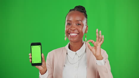 Green-screen,-okay-sign-and-black-woman-with-phone