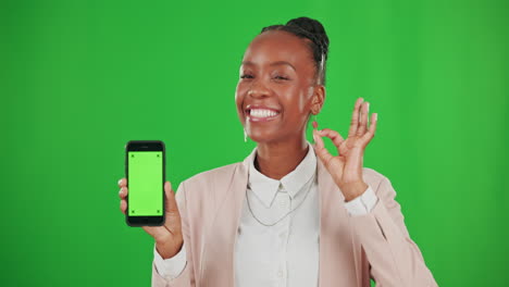 Green-screen,-okay-sign-and-black-woman-with-phone