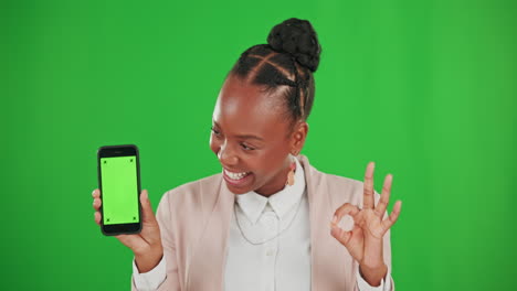 Green-screen,-okay-sign-and-excited-black-woman