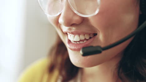 Call-center,-closeup-or-mouth-of-talking-woman