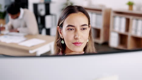 Thinking,-face-and-business-woman-on-computer