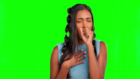 Sick-woman,-coughing-and-flu-on-green-screen