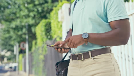 City,-outdoor-and-black-man-with-smartphone