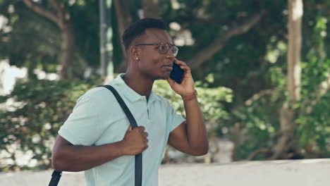 Phone-call,-hello-and-happy-black-man-walking