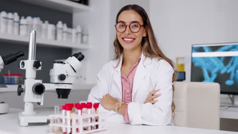 Scientist,-woman-face-and-blood-sample