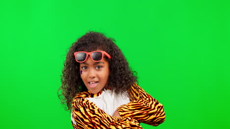 Green-screen,-sunglasses-and-face-of-child