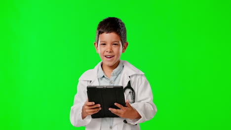 Child-doctor,-face-and-tablet-with-green-screen