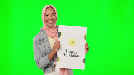 Ramadan,-green-screen-and-woman-with-poster