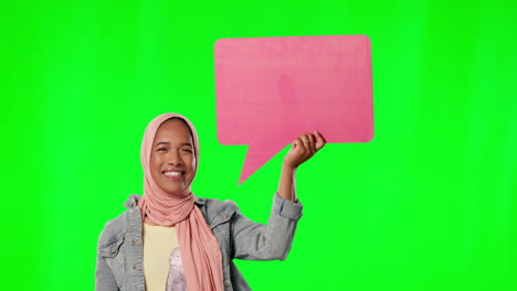 Muslim,-woman-and-paper-sign-by-green-screen