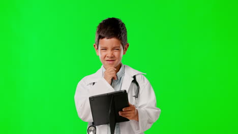 Cara,-Médico-Y-Niño-Con-Tableta-En-Pantalla-Verde