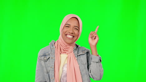 Muslim,-face-and-happy-woman-pointing-on-green
